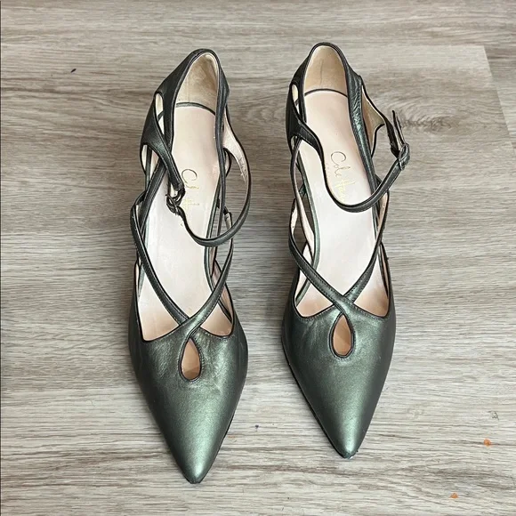 Cole Haan Collection Pointed Toe Strappy Pumps in Metallic Olive Green Leather - Picture 13 of 16